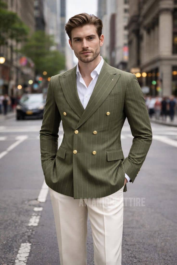 Green double-breasted suit handmade by tailor Koh Samui