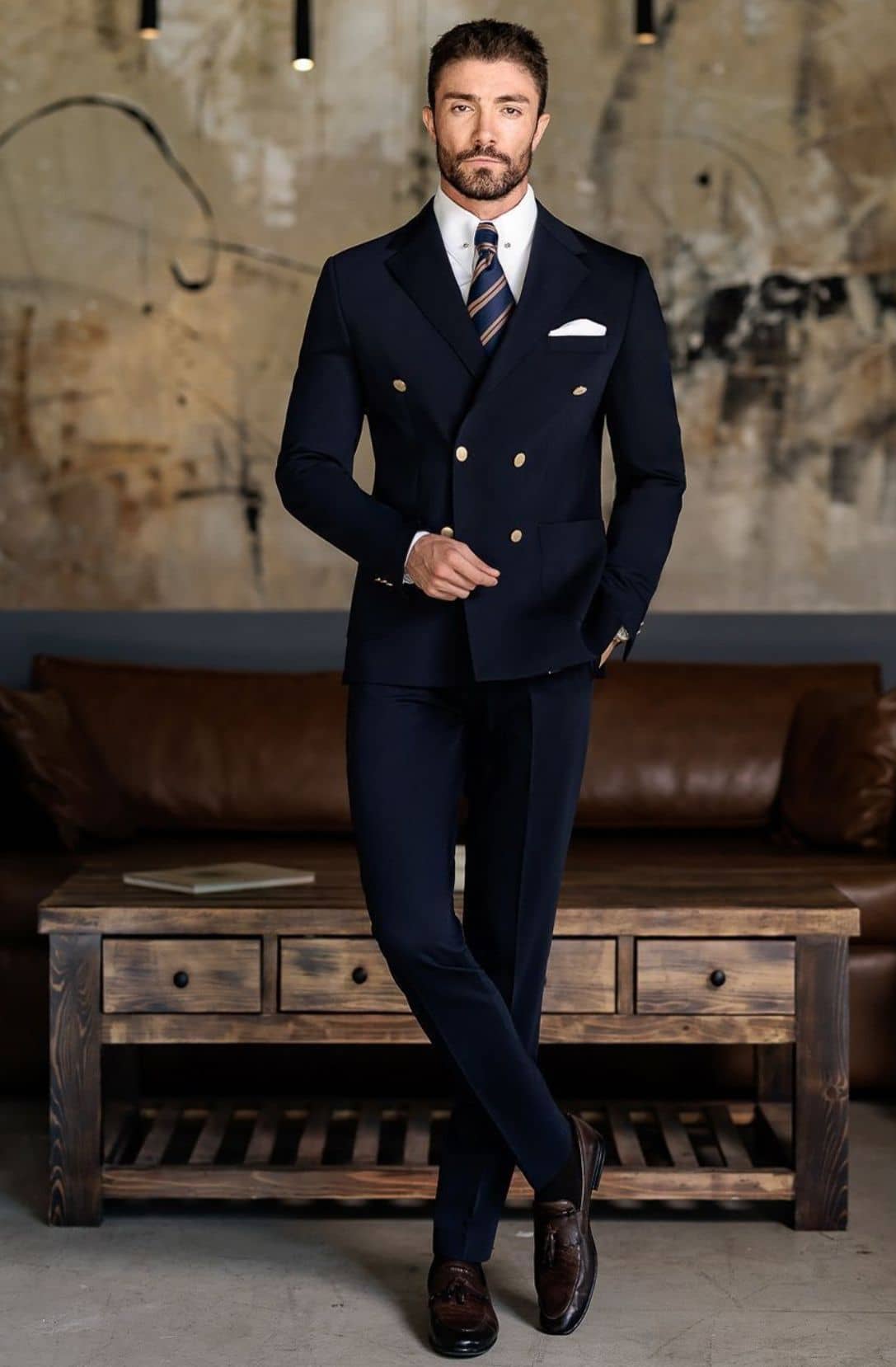 Plain blue double-breasted suit custom tailored Koh Samui