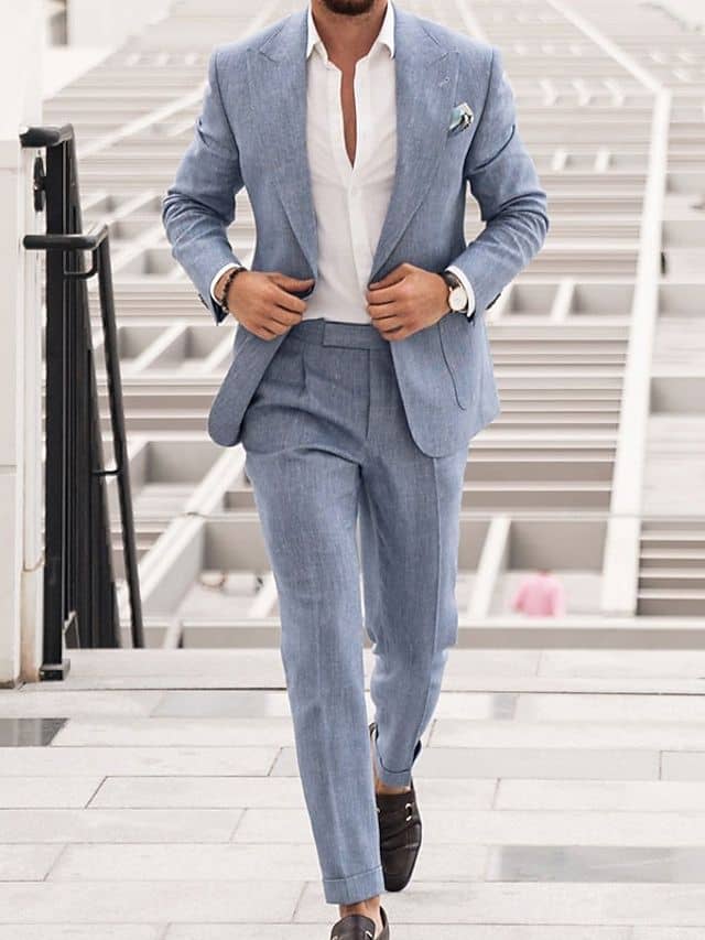 Blue linen suit custom made by best tailor in Koh Samui