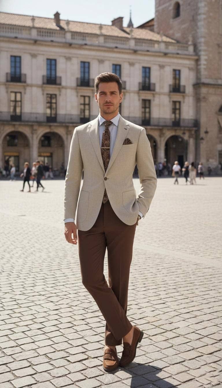 Off-white business suit with brown tie bespoke Koh Samui