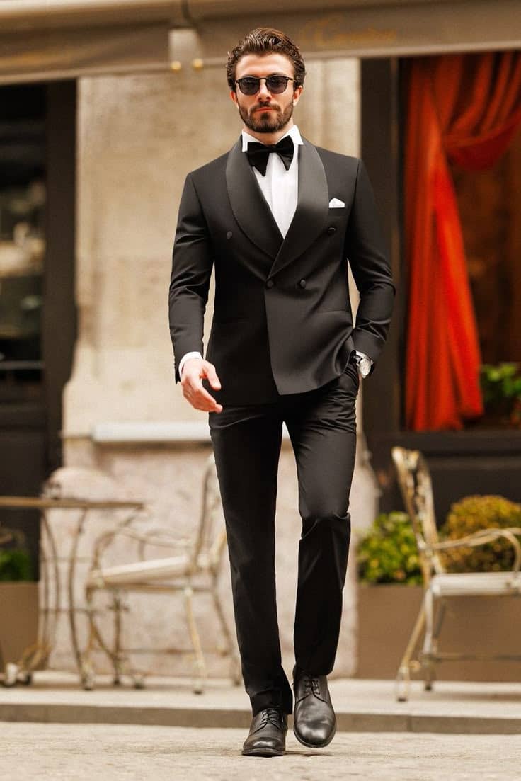 Black tuxedo with satin lapel custom made by best tailor in Koh Samui