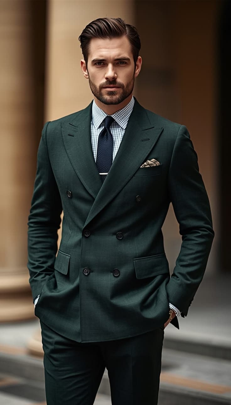 Green double-breasted bespoke suit tailored in Koh Samui