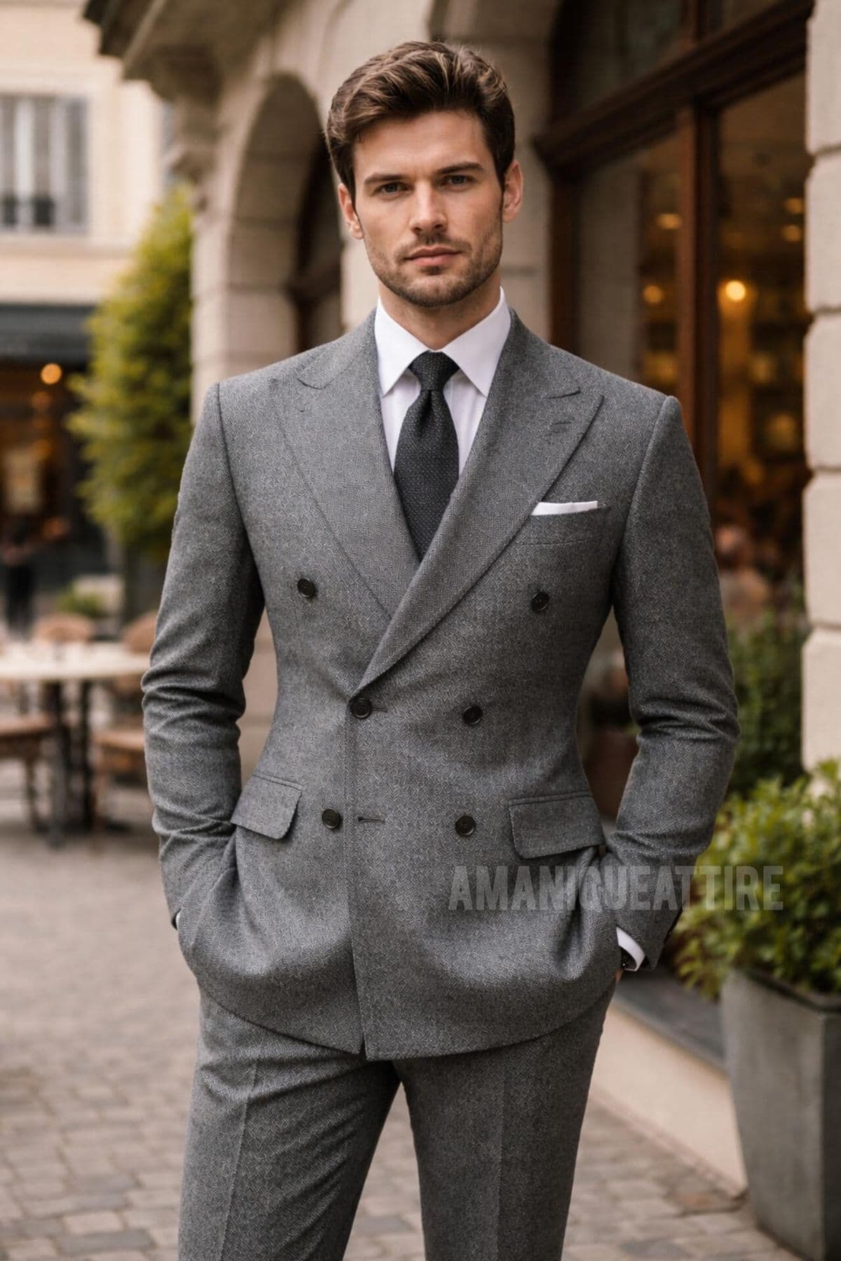Gray wool double-breasted suit handcrafted by Koh Samui tailor