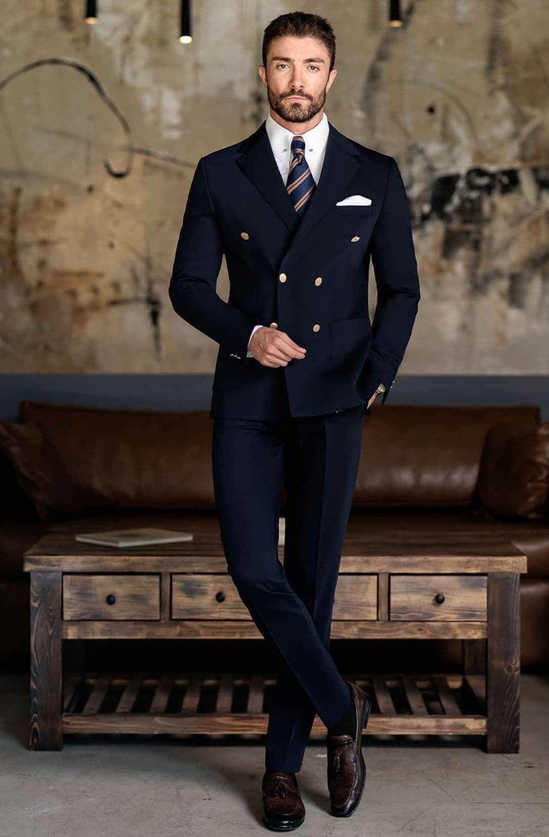 Plain blue double-breasted suit custom tailored Koh Samui