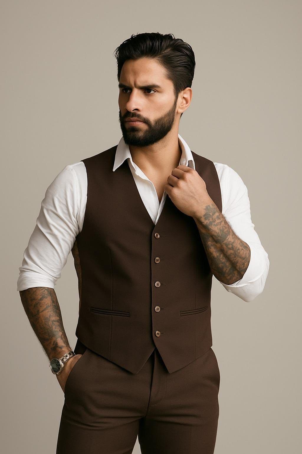 Brown linen waistcoat tailored in Koh Samui for tropical weather